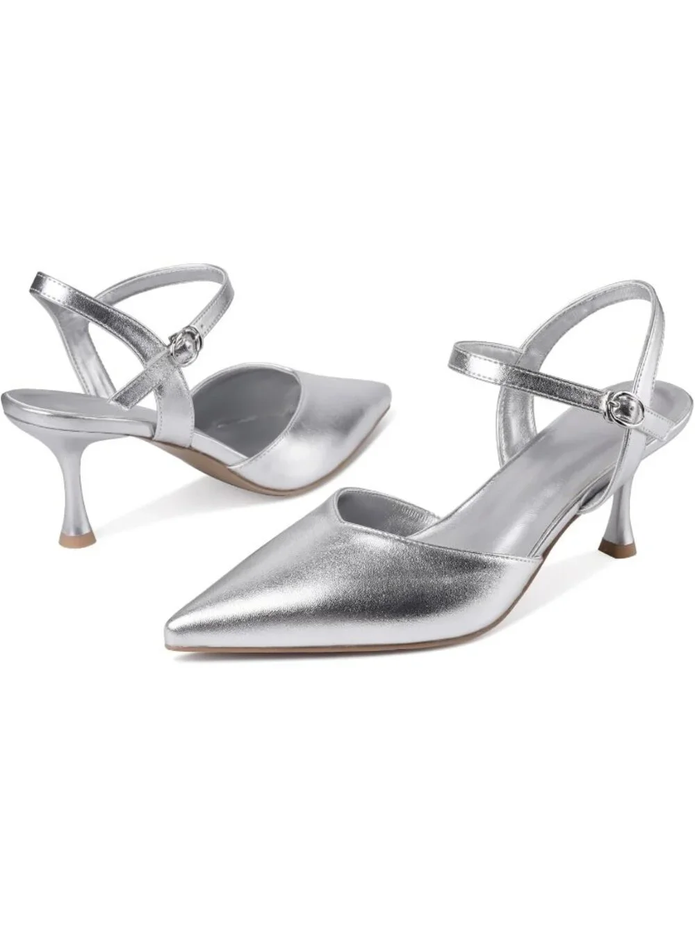 Women's Sliver Faux Leather Comfortable Ankle Strap Closed Toe Kitten Heel Pumps
